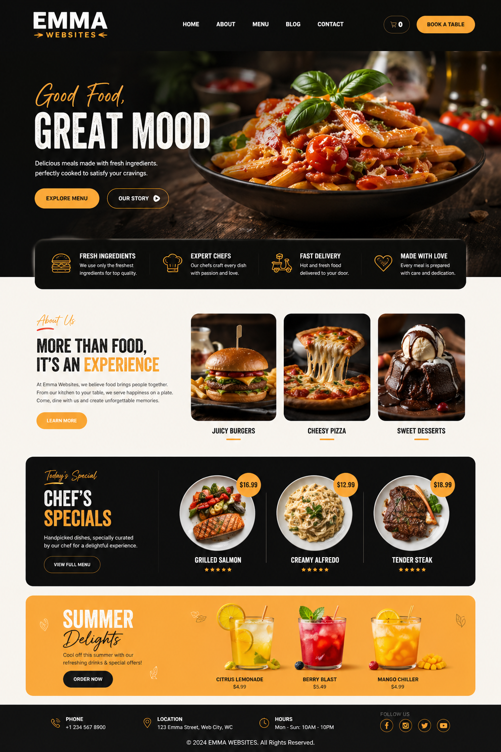 Restaurant website design sample created by Emma Websites