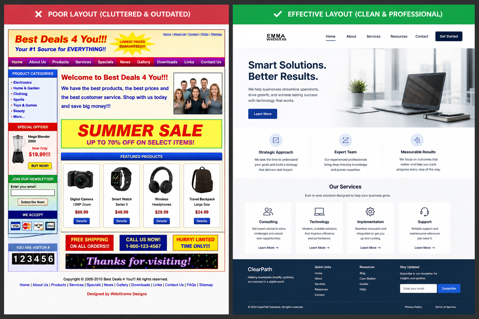 Comparison between a bad and good website layout by Emma Websites
