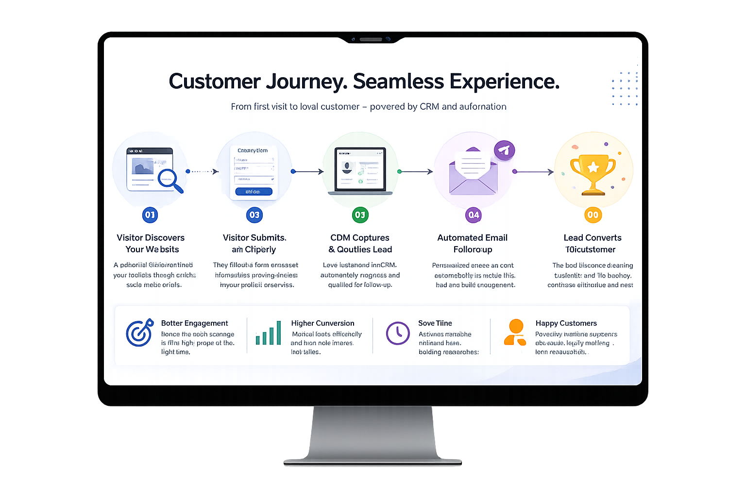 Customer journey flow and benefits infographic displayed on PC screen