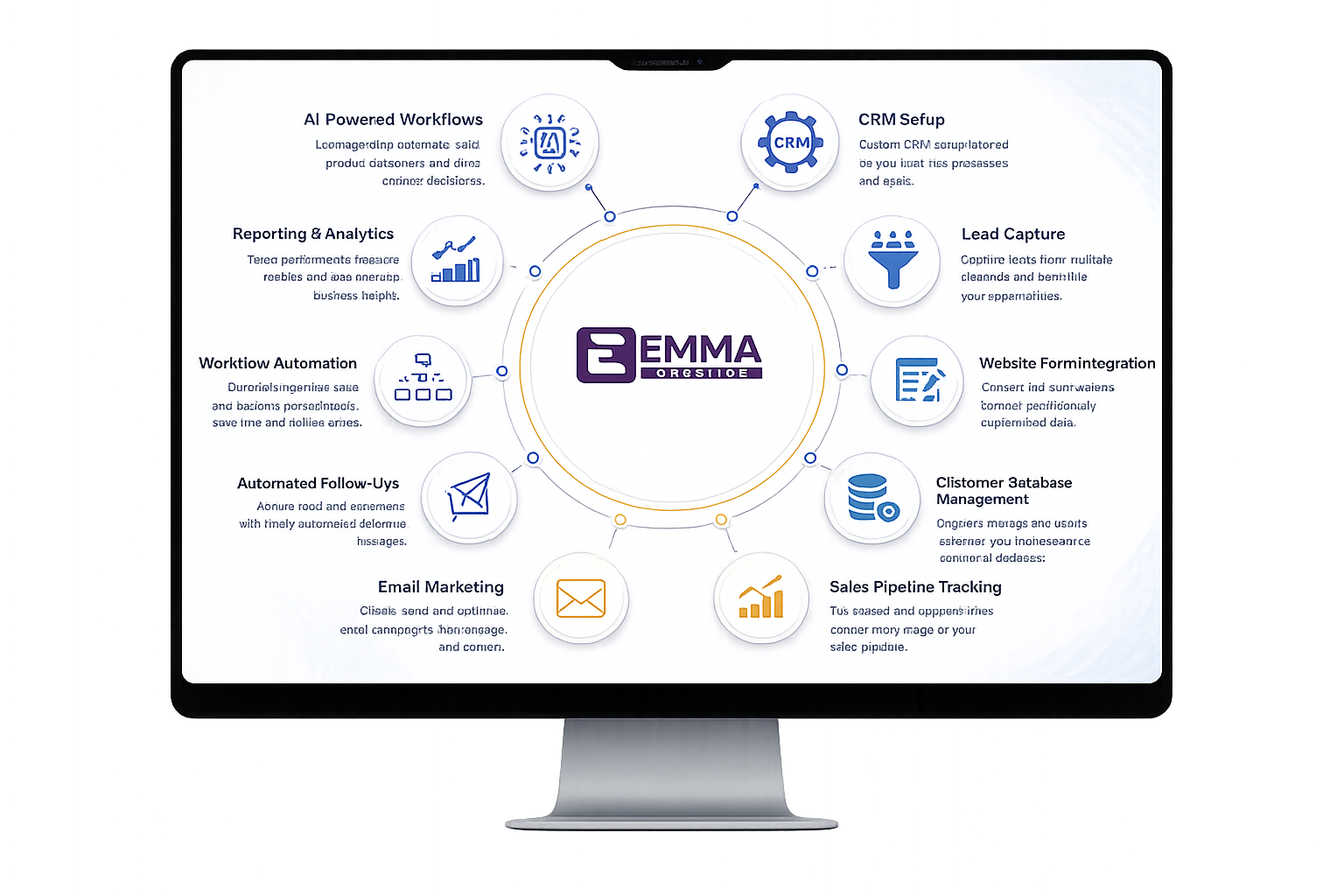 Emma Websites CRM infographic displayed on iMac screen