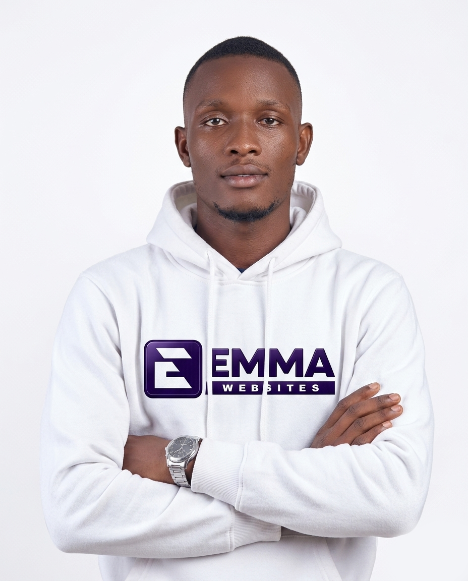 Oluwasegun Fowosere, owner of Emma Websites, wearing his brand hoodie