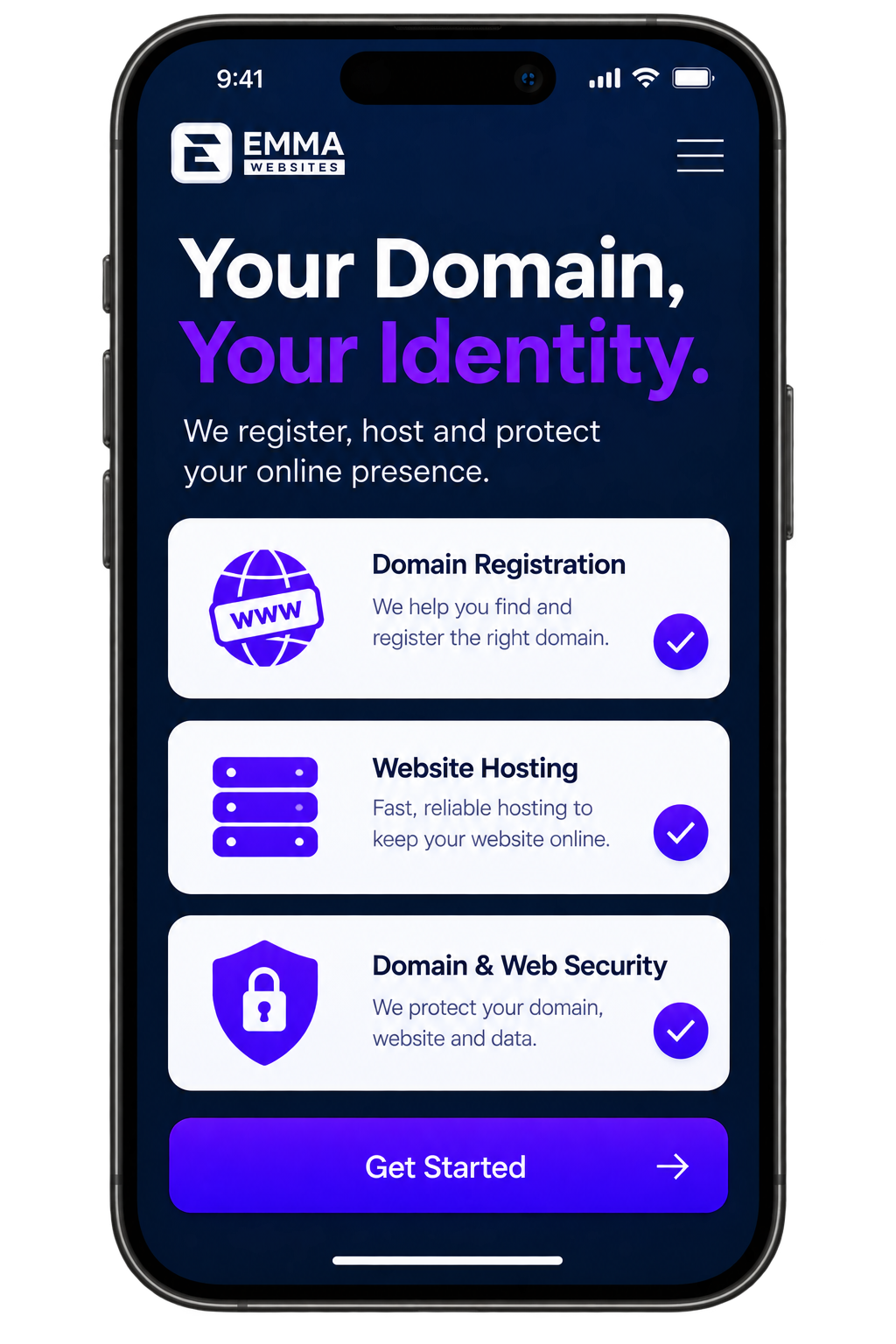 Domain name registration and website hosting service mockup by Emma Websites