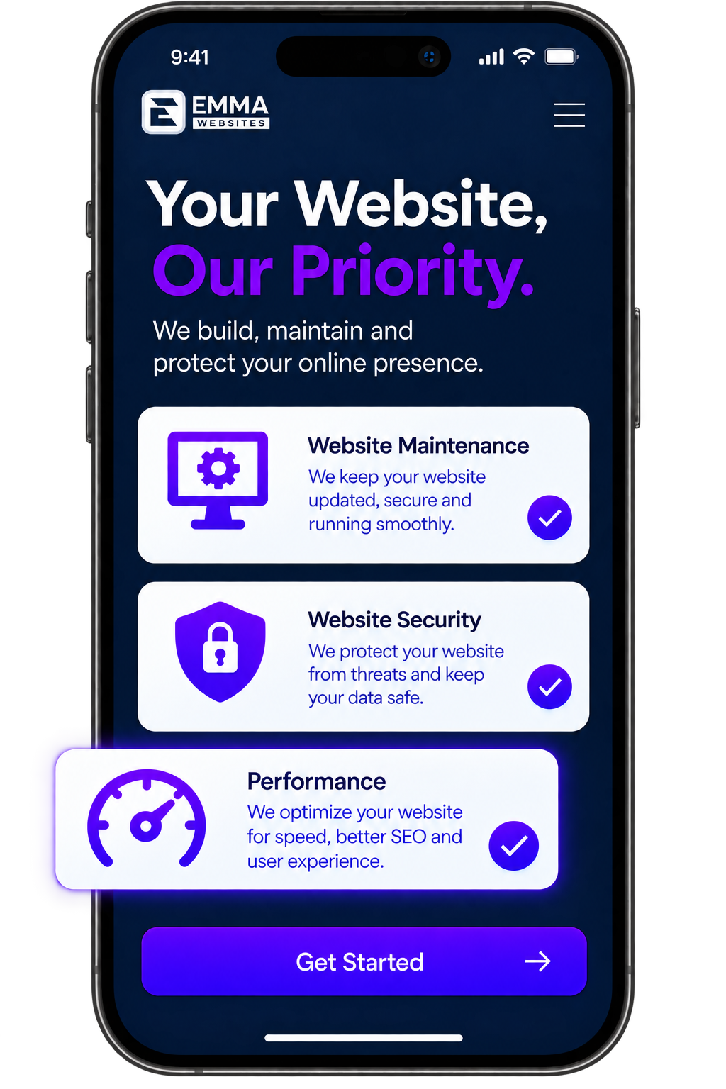 Website performance optimization phone mockup by Emma Websites