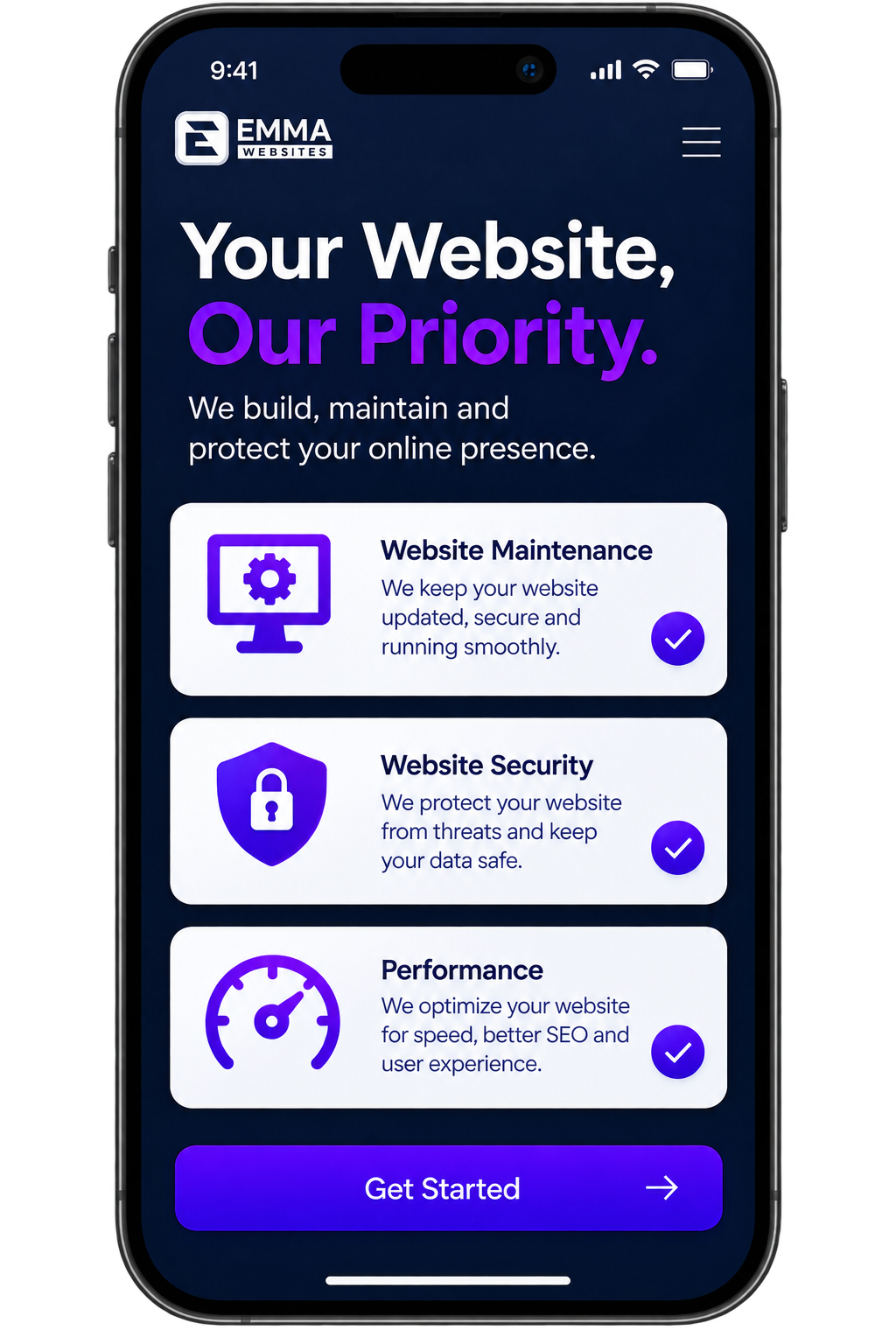 Website maintenance service phone mockup by Emma Websites