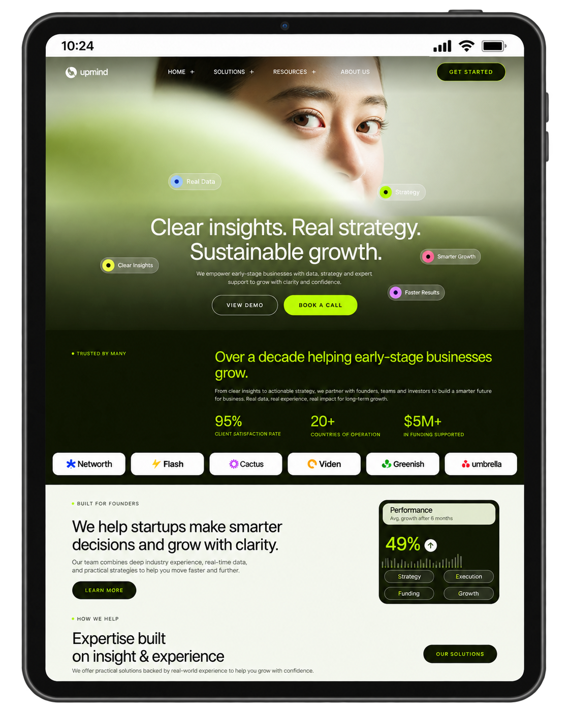 Webflow website design shown on a tablet, sample 1